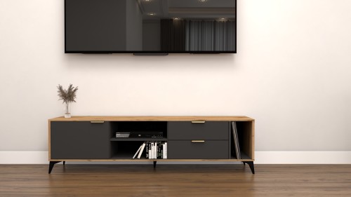 Szafka RTV Velmi II dąb wotan, antracyt 175cm Glamour złoto