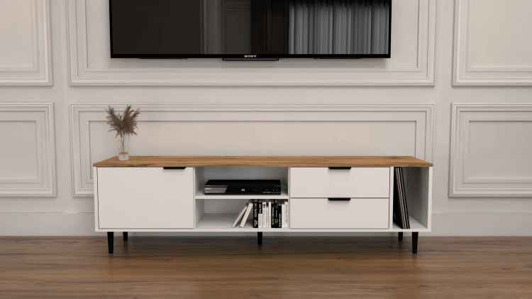 Szafka RTV Nordic biała dąb wotan 175 cm w stylu skandynawskim