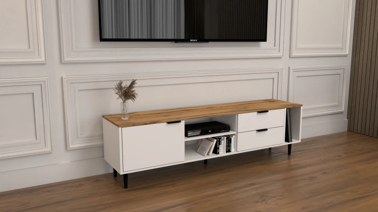 Szafka RTV Nordic biała dąb wotan 175 cm w stylu skandynawskim