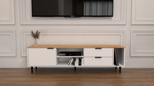 Szafka RTV Nordic biała dąb craft złoty 175 cm w stylu skandynawskim