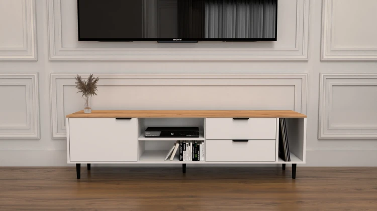 Szafka RTV Nordic biała dąb craft złoty 175 cm w stylu skandynawskim