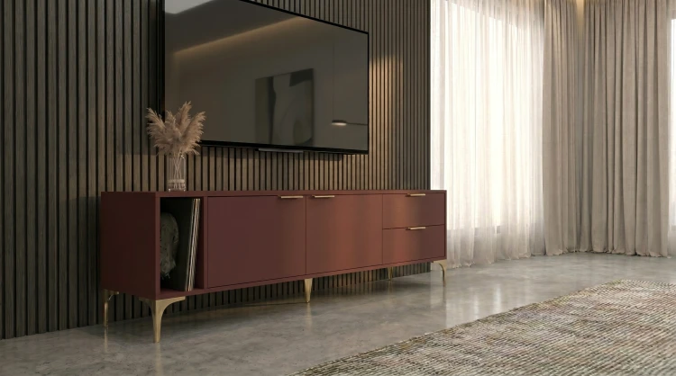 Szafka RTV Vorello czerwony oxid 175cm Glamour złoto
