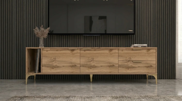 Szafka RTV Vorello dąb wotan 175cm Glamour złoto