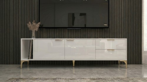 Szafka RTV Vorello biały połysk 175cm Glamour złoto